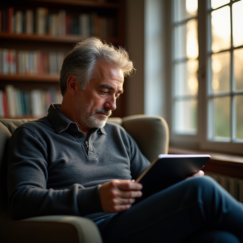Mann Mitte 40 sitzt konzentriert an einem hellen Schreibtisch und liest einen Artikel auf einem Tablet, Bücher im Hintergrund