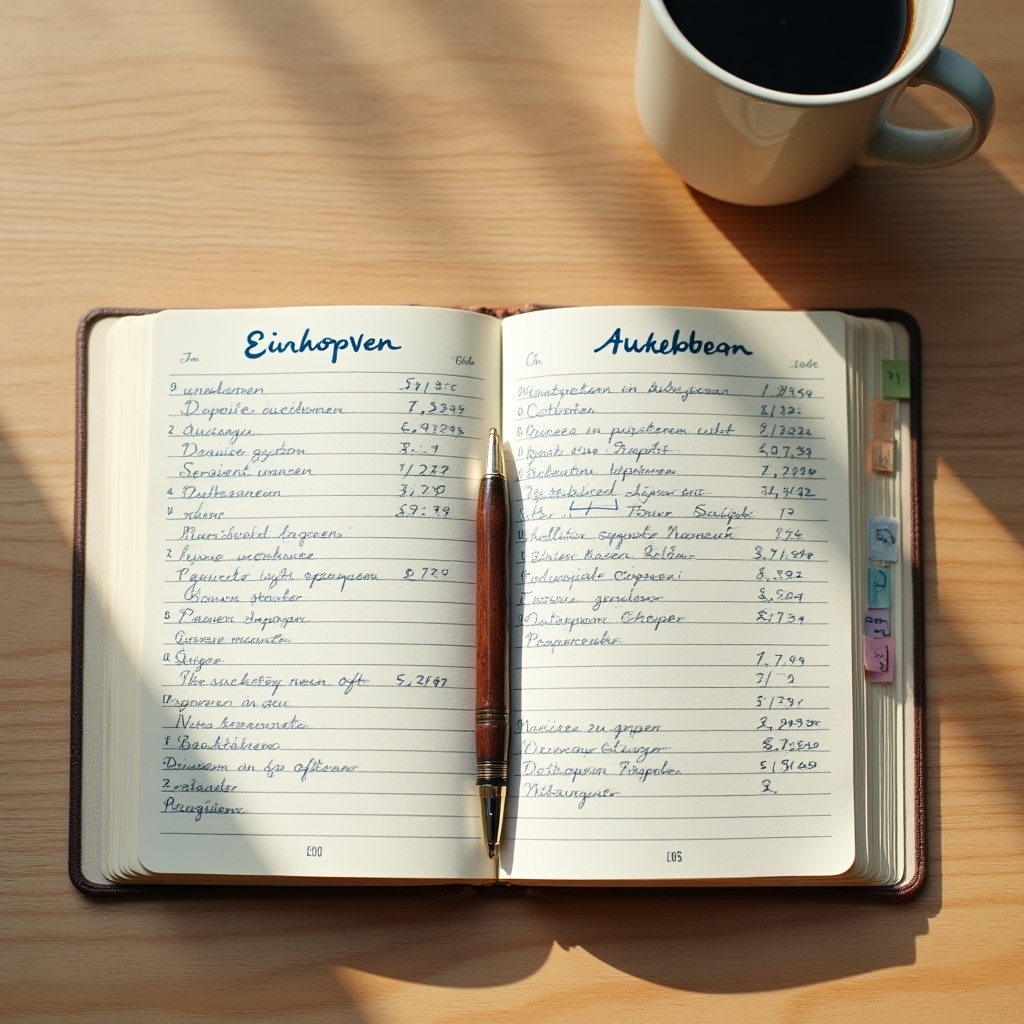 Aufgeschlagenes Haushaltsbuch mit handschriftlichen Einnahmen- und Ausgabenkolumnen auf einem Holztisch