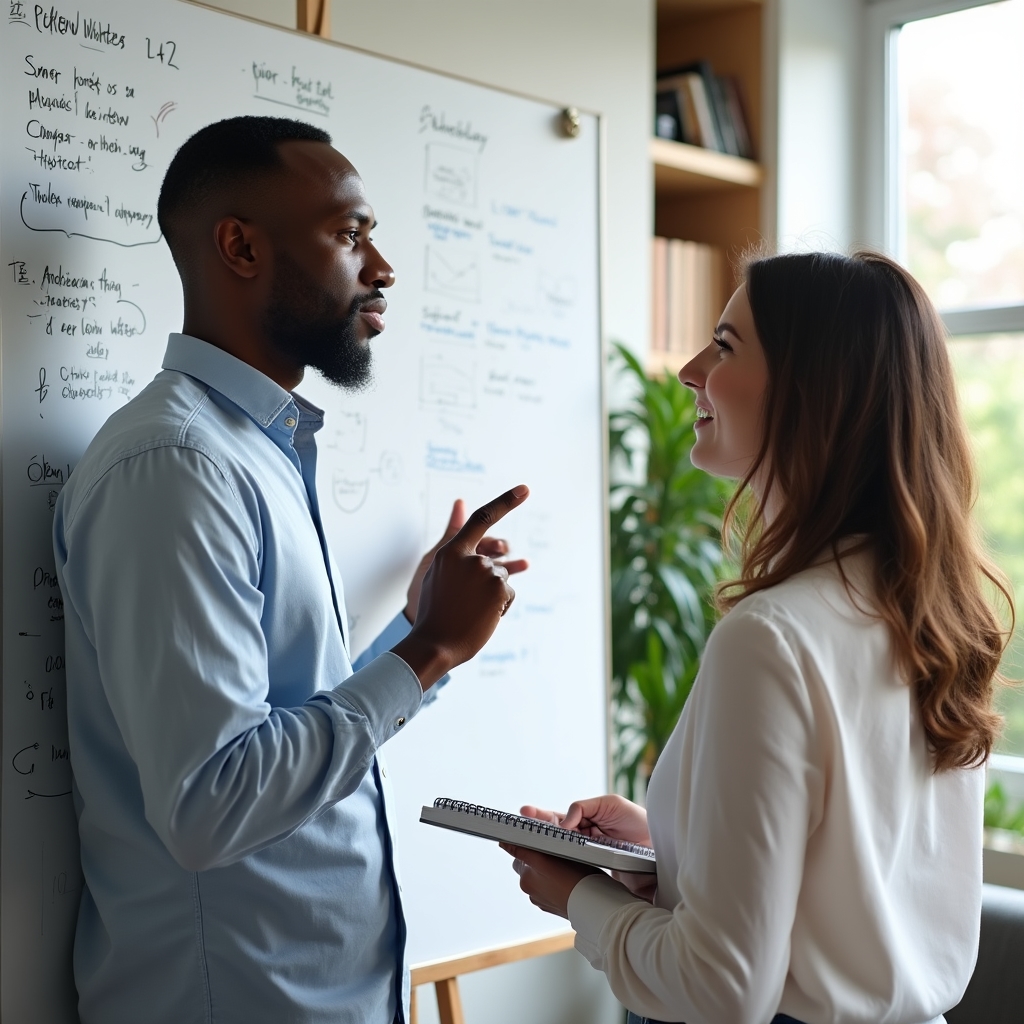 Zwei Personen in entspannter Büroatmosphäre besprechen Bildungsinhalte vor einem Whiteboard mit handgeschriebenen Stichpunkten