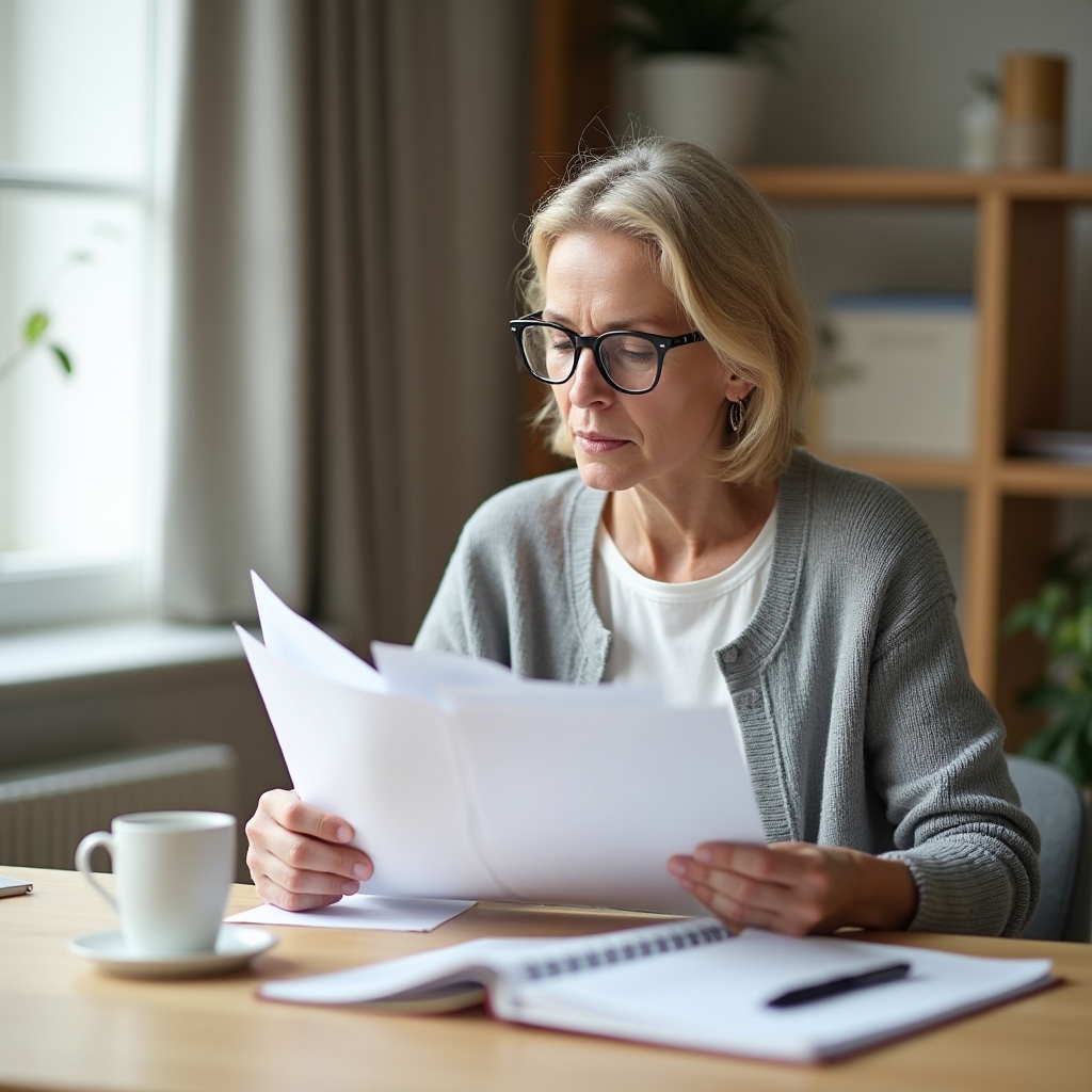 Frau mittleren Alters prüft sorgfältig Versicherungsunterlagen an einem aufgeräumten Schreibtisch mit Kaffeetasse und Notizbuch
